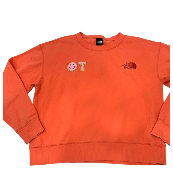 The North Face Womens Crewneck Sweatshirt M Orange Logo Pullover w/ Patches - Picture 1 of 6